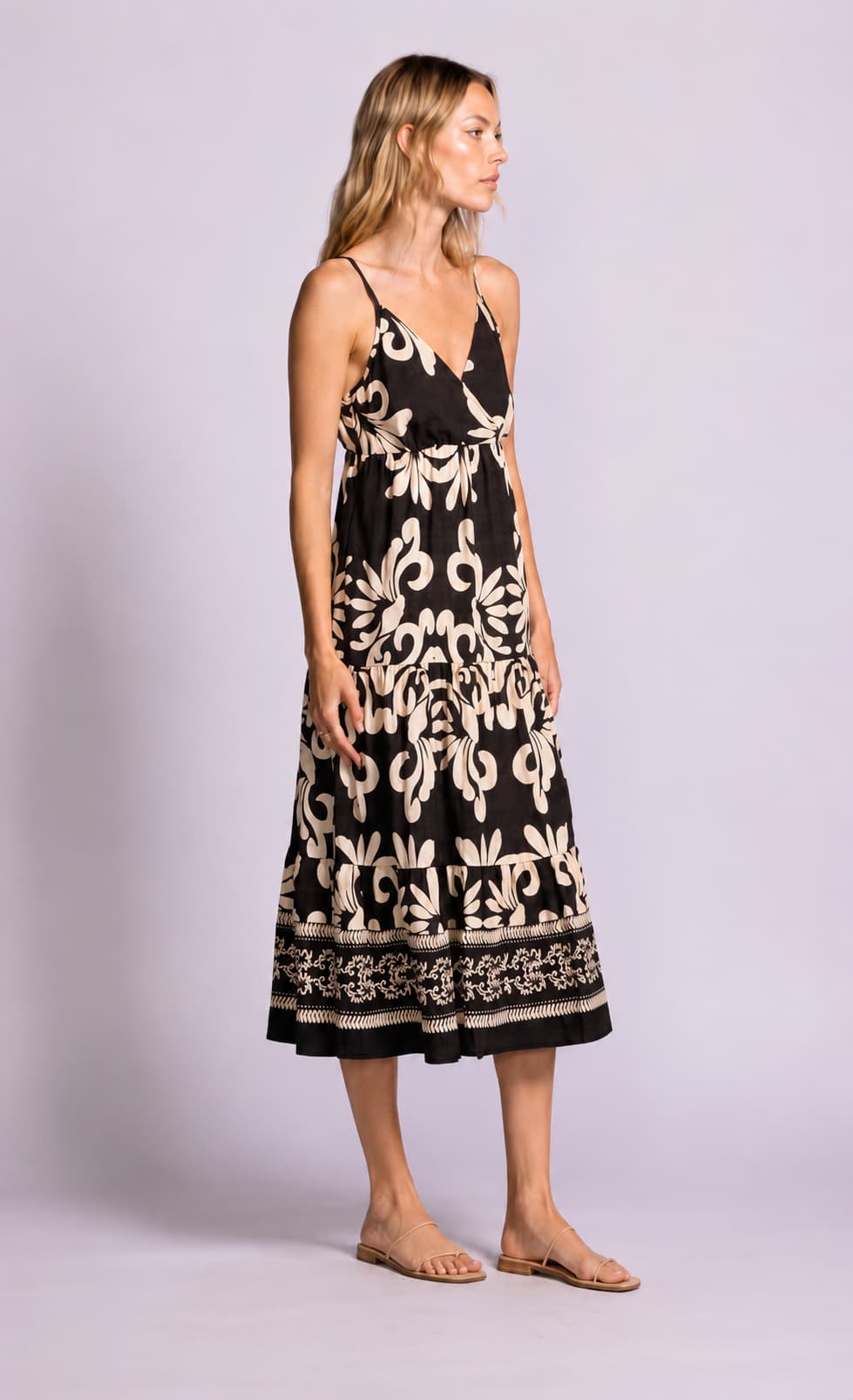 Pink Martini Archwood Dress in black floral print side view at Lemonberry Aurora