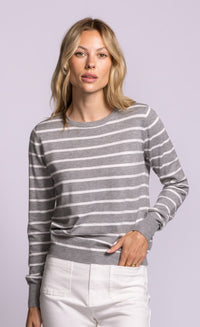Pink Martini Armita sweater grey stripe lightweight knit front view Lemonberry Aurora