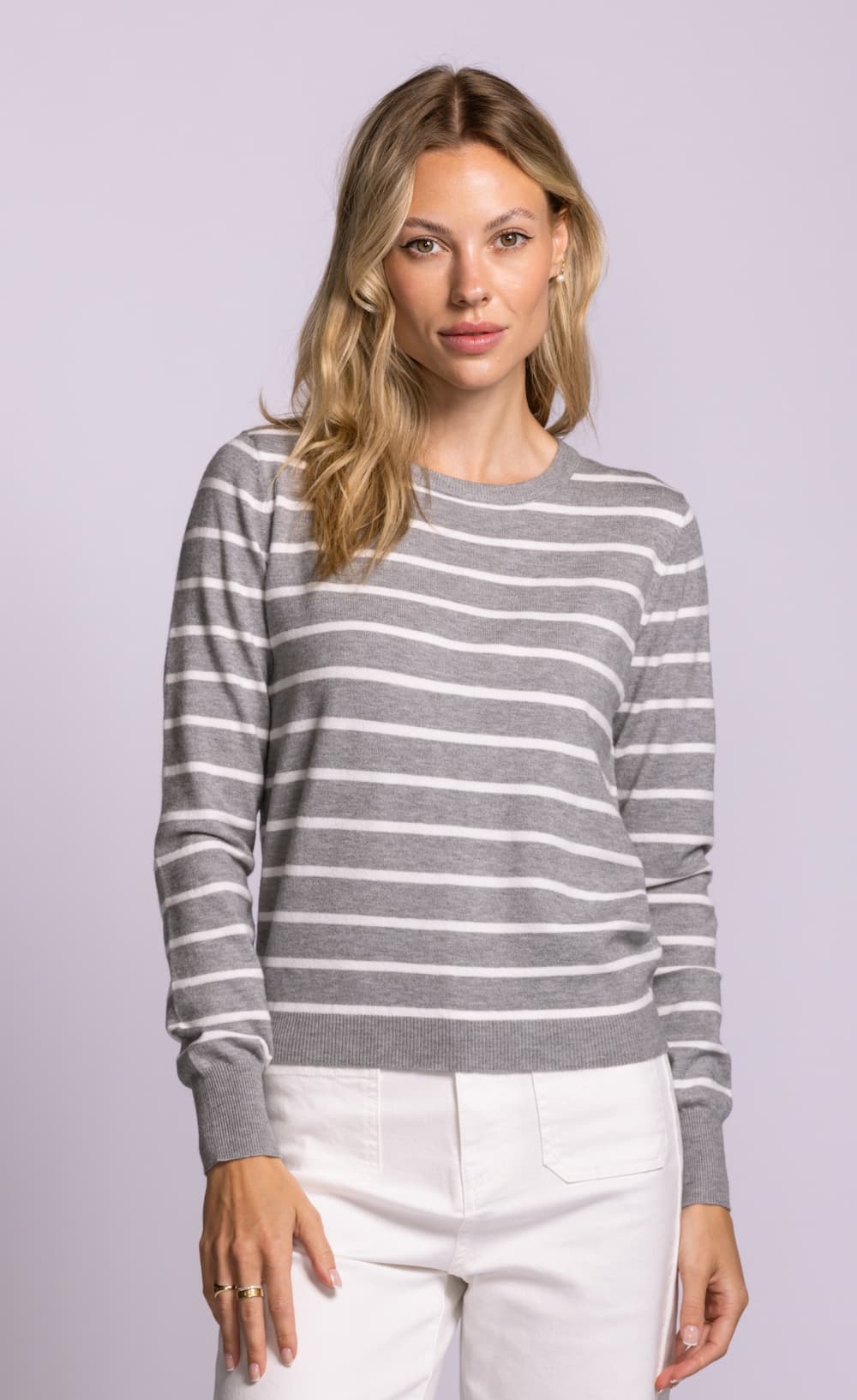 Pink Martini Armita sweater grey stripe lightweight knit portrait model view Lemonberry Aurora