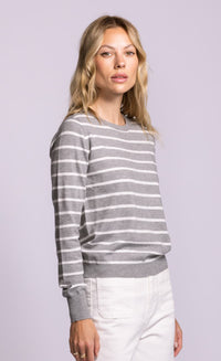 Pink Martini Armita sweater grey stripe lightweight knit angled side view Lemonberry Aurora