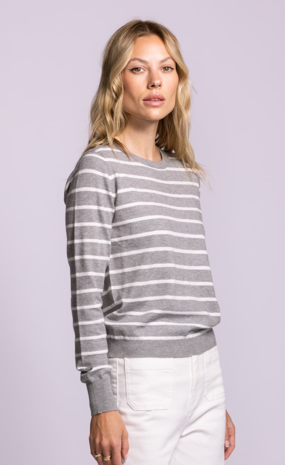 Pink Martini Armita sweater grey stripe lightweight knit angled side view Lemonberry Aurora