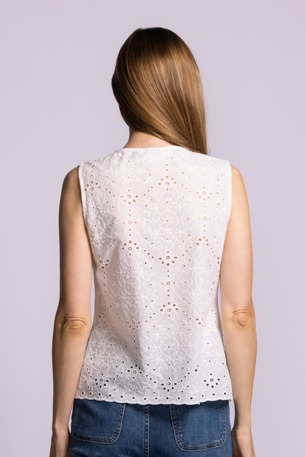 Pink Martini Azalea white eyelet sleeveless top back view Lemonberry Aurora