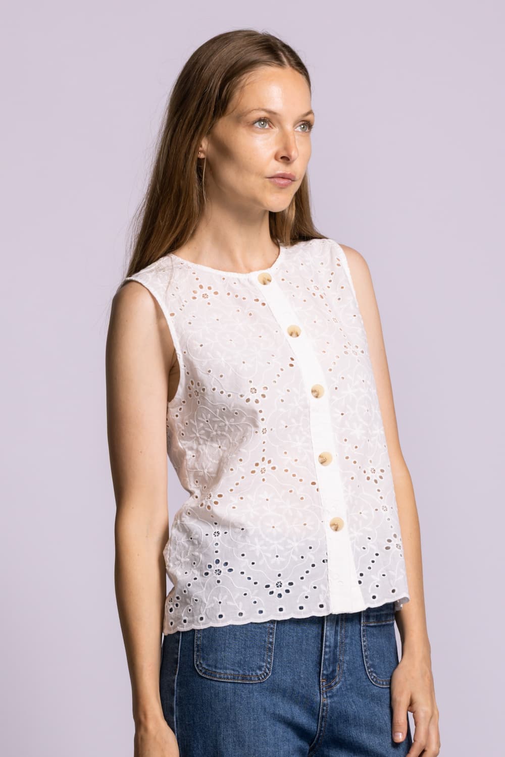 Pink Martini Azalea white eyelet sleeveless top front angle view Lemonberry Aurora