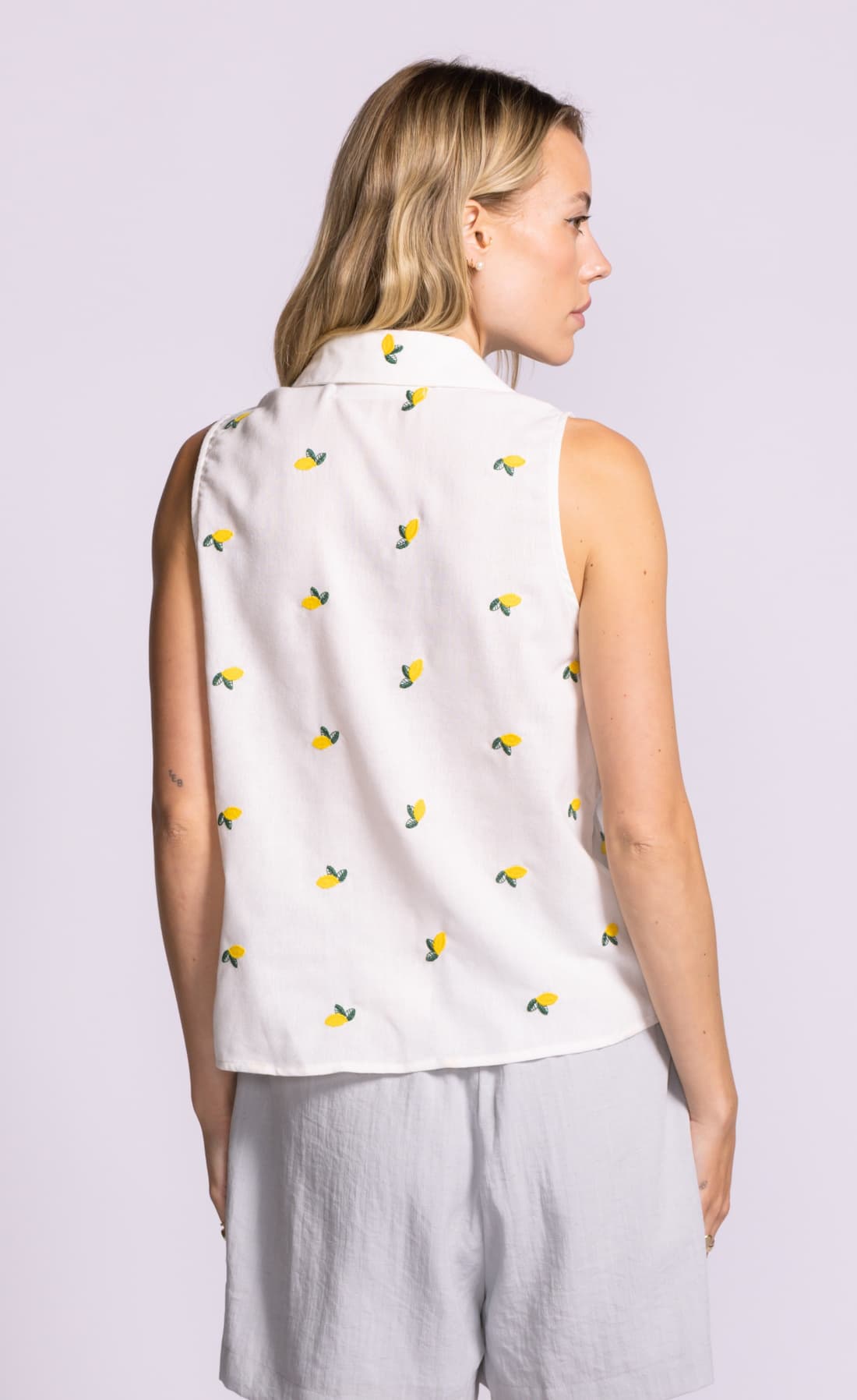 Pink Martini White Becky lemon print top back view lemonberry