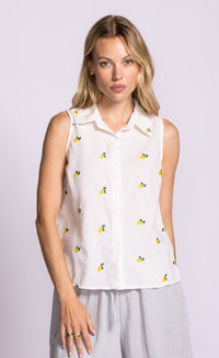 Pink Martini Becky top in white lemon print front view Lemonberry
