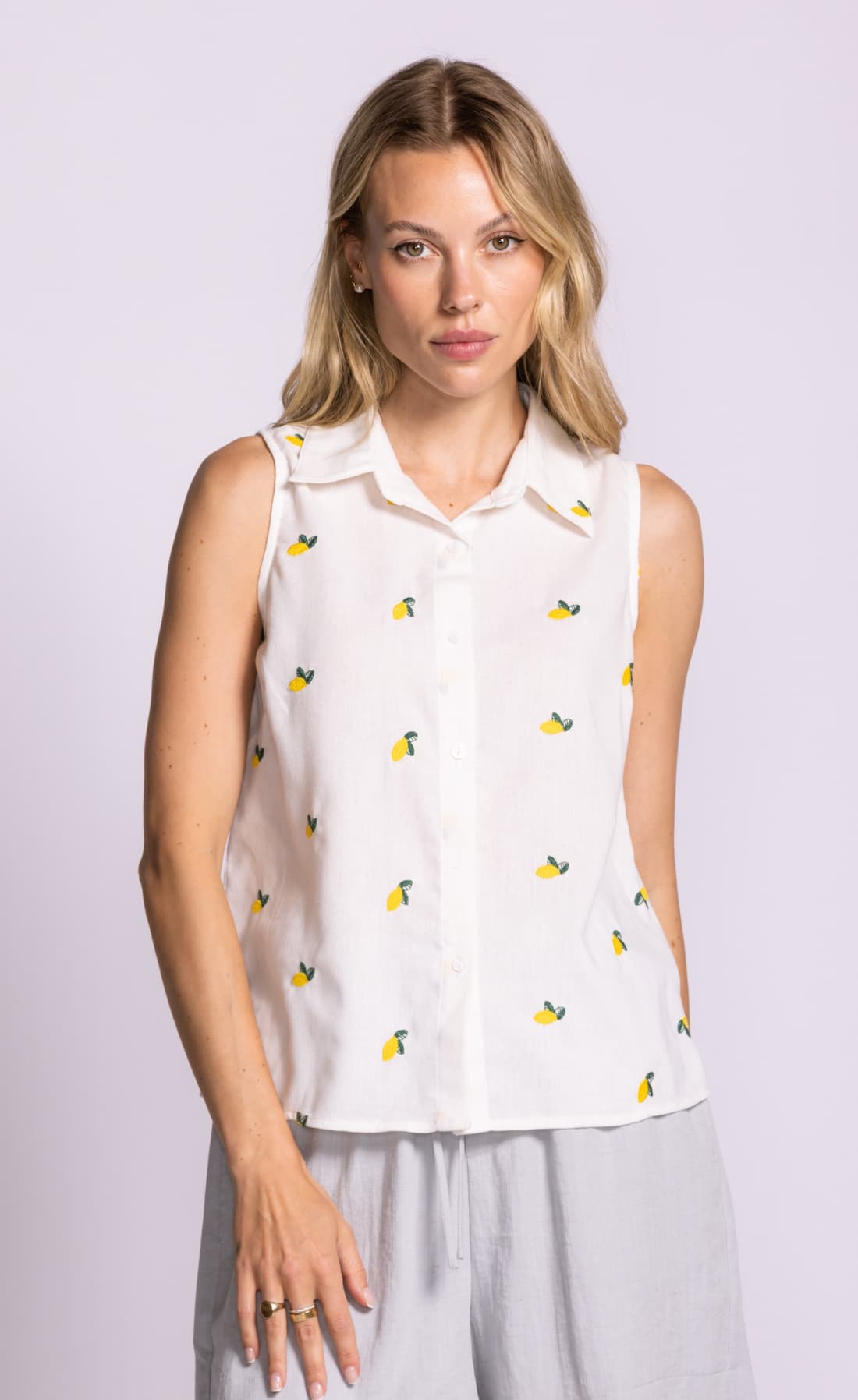 Pink Martini Becky top in white lemon print front view Lemonberry