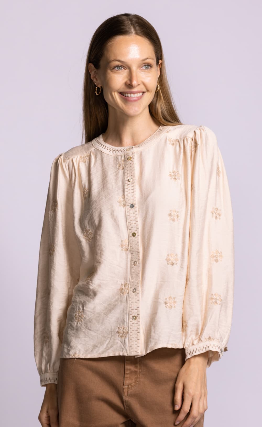 Pink Martini Carla Top beige embroidered blouse angled model view Lemonberry Aurora