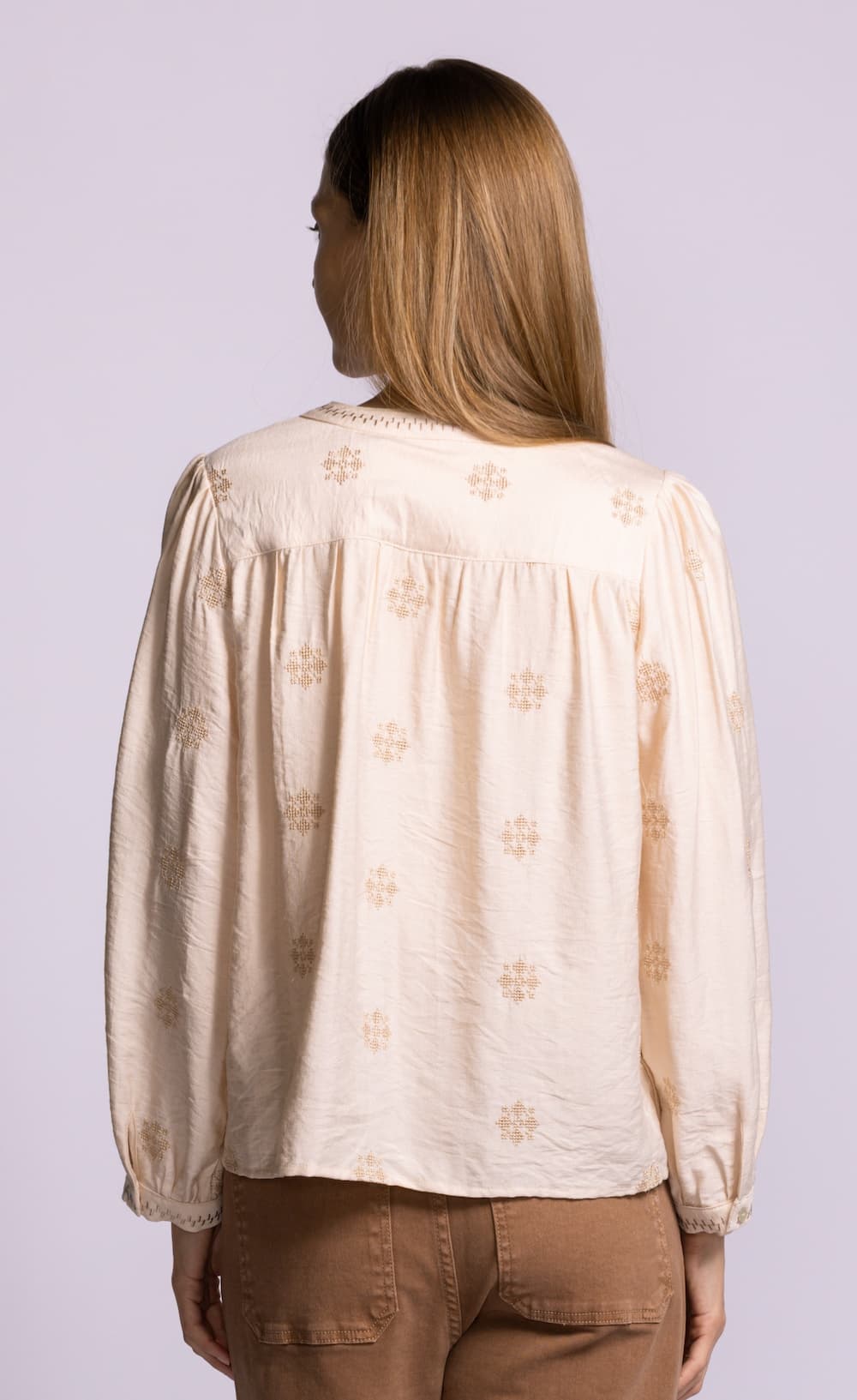Pink Martini Carla Top beige embroidered blouse back view Lemonberry Aurora