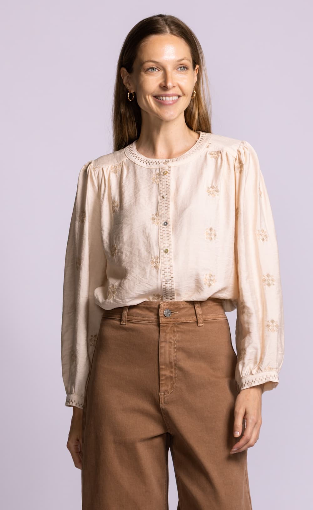 Pink Martini Carla Top beige embroidered button front blouse front view Lemonberry Aurora