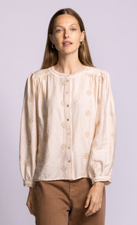 Pink Martini Carla Top beige embroidered button front blouse model view Lemonberry Aurora