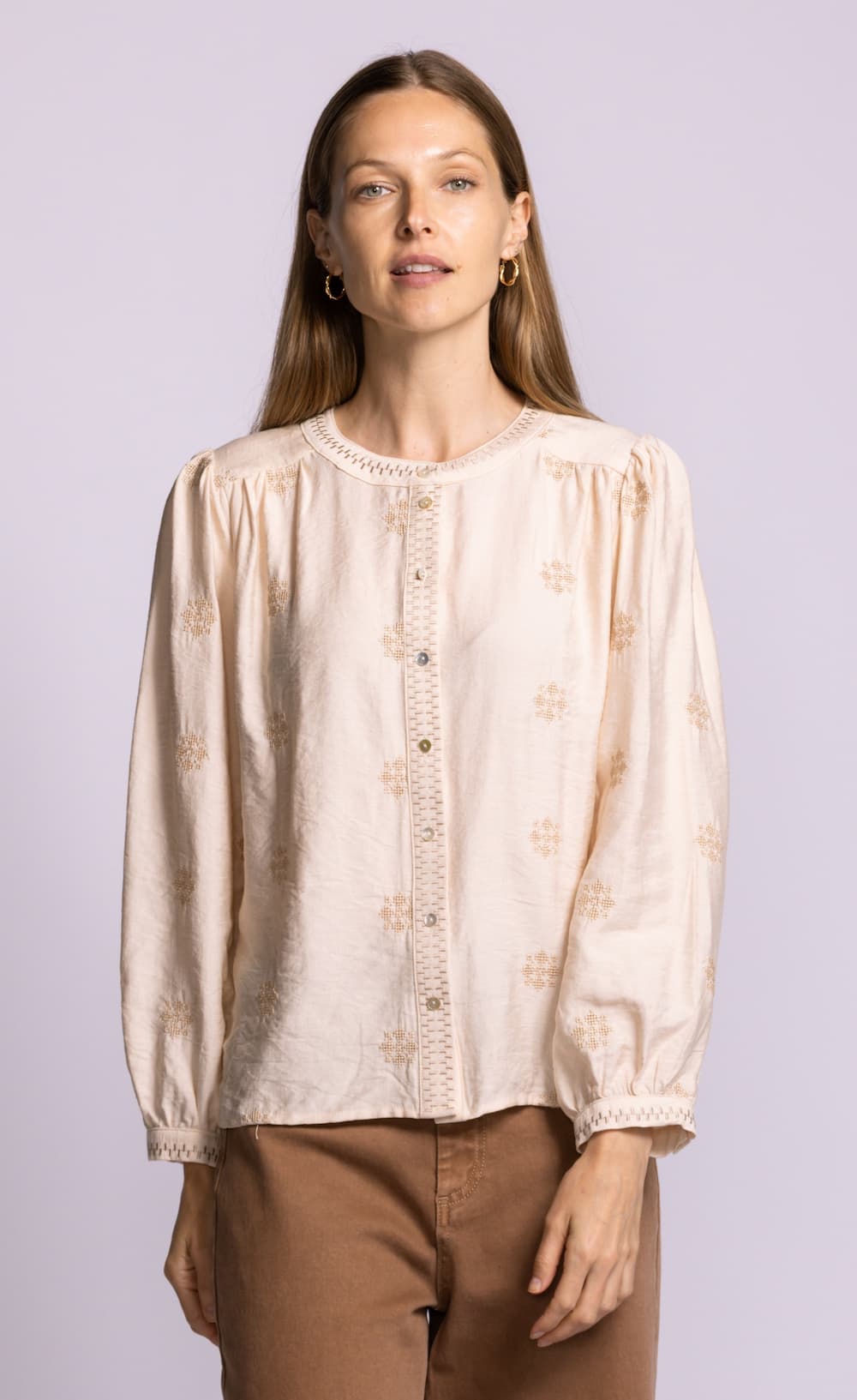 Pink Martini Carla Top beige embroidered button front blouse model view Lemonberry Aurora