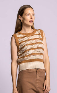 Pink Martini Cartwright sweater brown stripe cotton knit sleeveless angled view Lemonberry Aurora