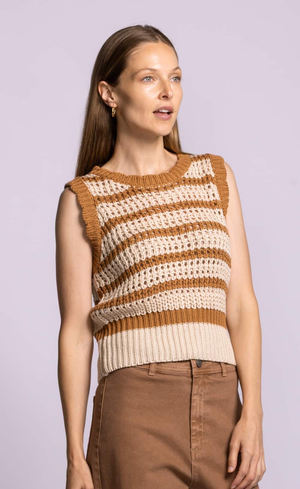 Pink Martini Cartwright sweater brown stripe cotton knit sleeveless angled view Lemonberry Aurora