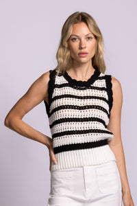 Pink Martini Cartwright sweater black stripe cotton knit sleeveless front view Lemonberry Aurora