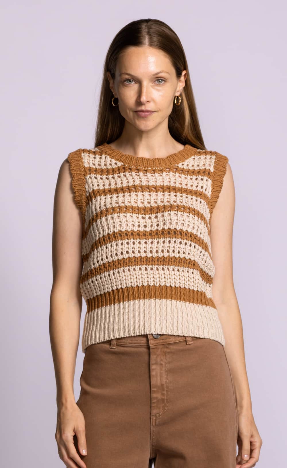 Pink Martini Cartwright sweater brown stripe cotton knit sleeveless front view Lemonberry Aurora