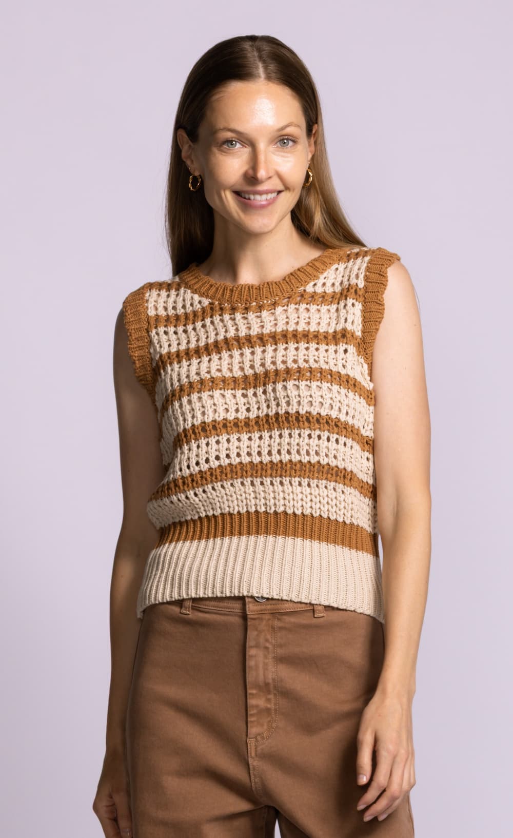 Pink Martini Cartwright sweater brown stripe cotton knit sleeveless model view Lemonberry Aurora