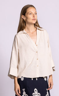 Pink Martini Charlie Top beige button front blouse front view Lemonberry Aurora