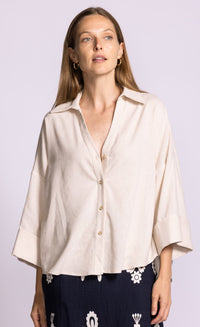 Pink Martini Charlie Top beige button front blouse gazing model view Lemonberry Aurora