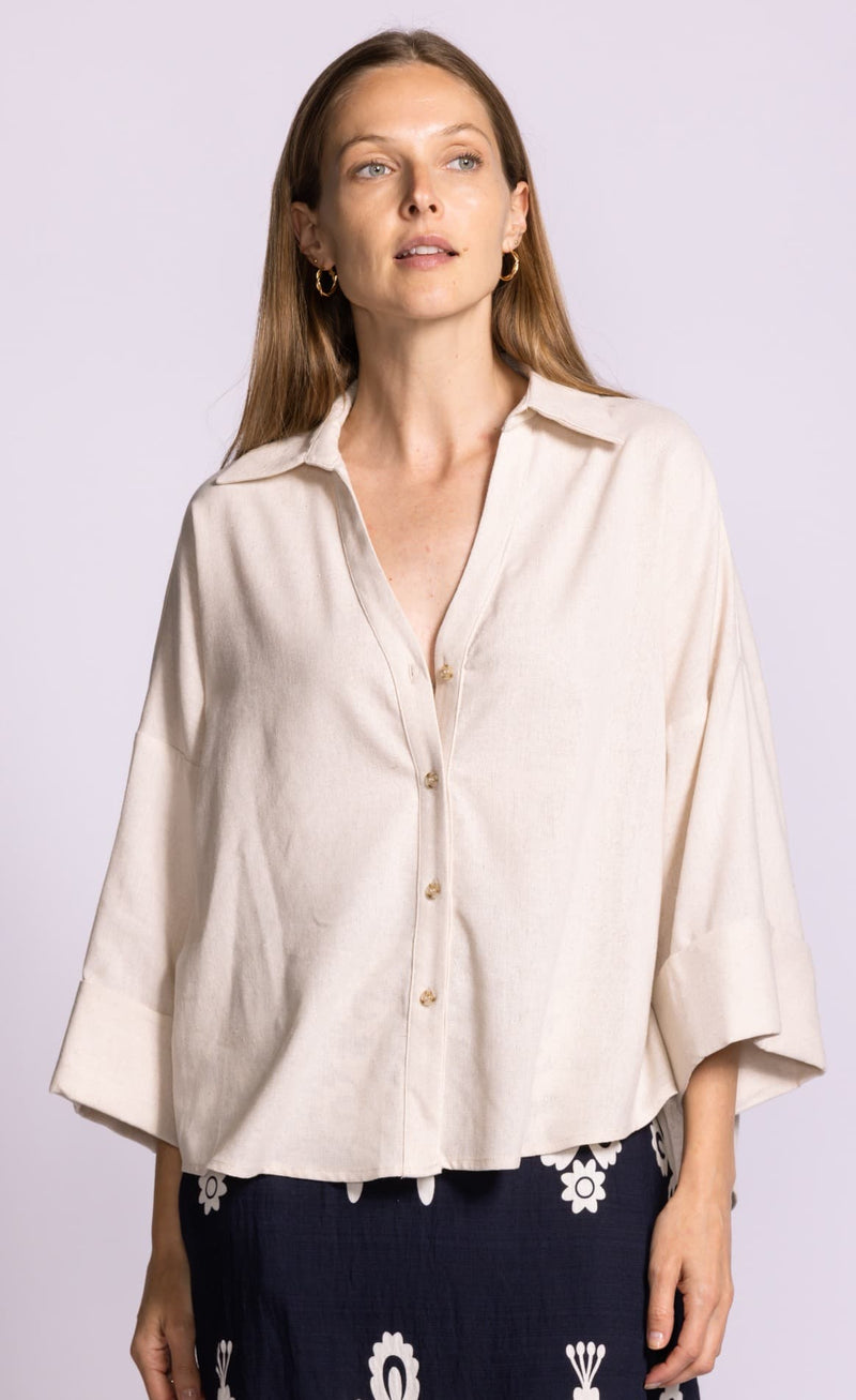 Pink Martini Charlie Top beige button front blouse gazing model view Lemonberry Aurora