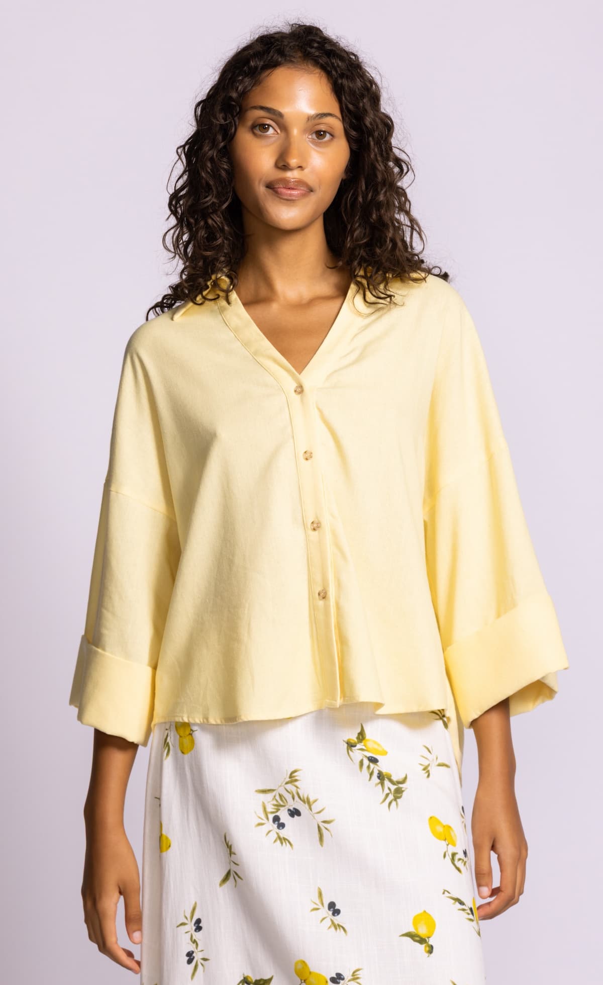 Pink Martini Charlie Top yellow linen blend button front blouse front view Lemonberry Aurora
