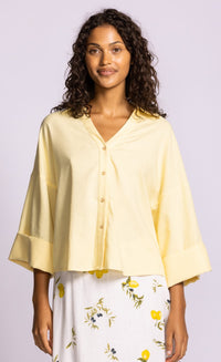 Pink Martini Charlie Top yellow linen blend button front blouse model view Lemonberry Aurora