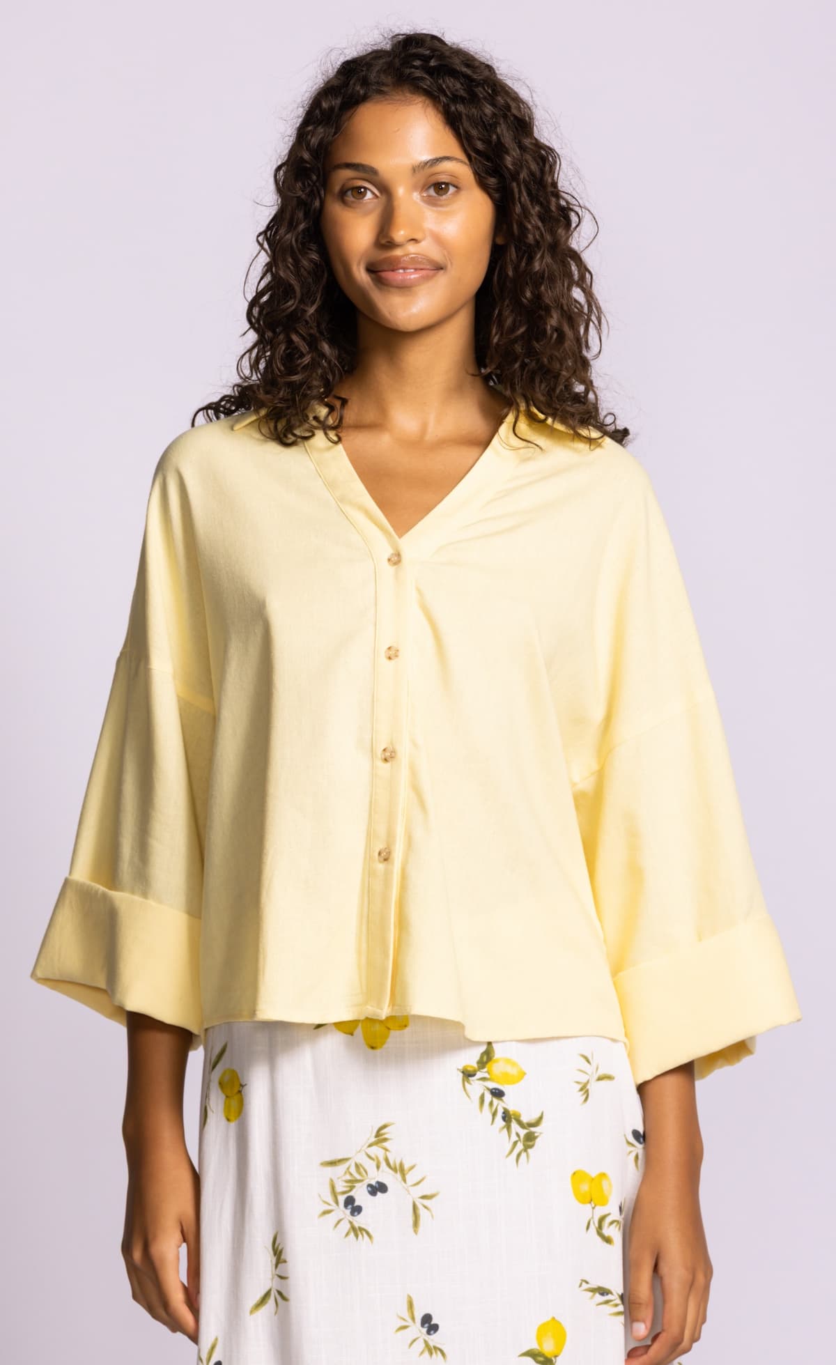 Pink Martini Charlie Top yellow linen blend button front blouse model view Lemonberry Aurora