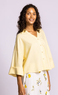 Pink Martini Charlie Top yellow linen blend blouse angled model view Lemonberry Aurora
