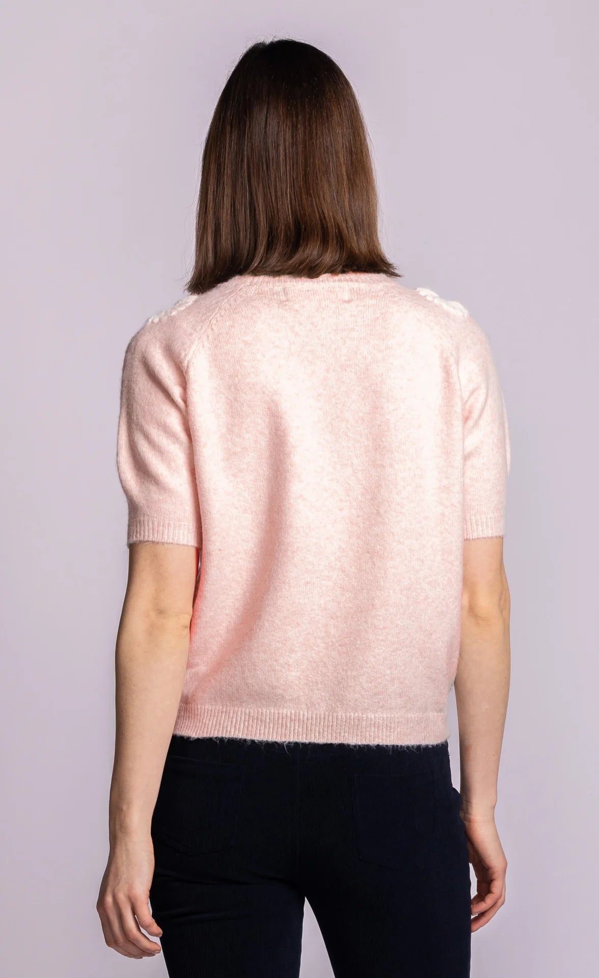 Pink Martini Daisy Belle heather grey floral sweater back view Lemonberry Aurora