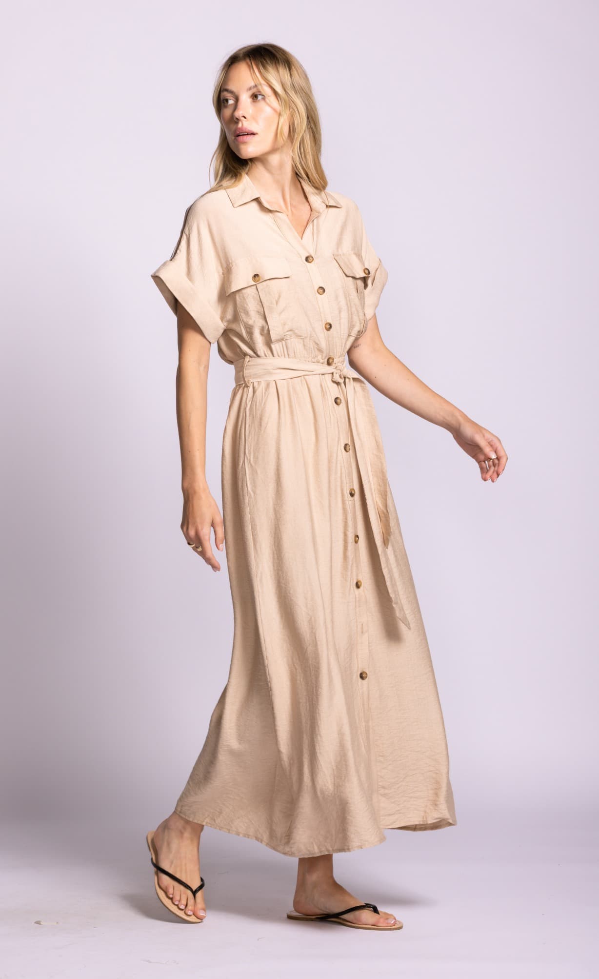 Pink Martini Denny dress sand button front midi angled front view Lemonberry Aurora