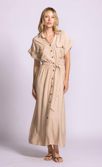 Pink Martini Denny dress sand button front midi walking angled front view Lemonberry Aurora