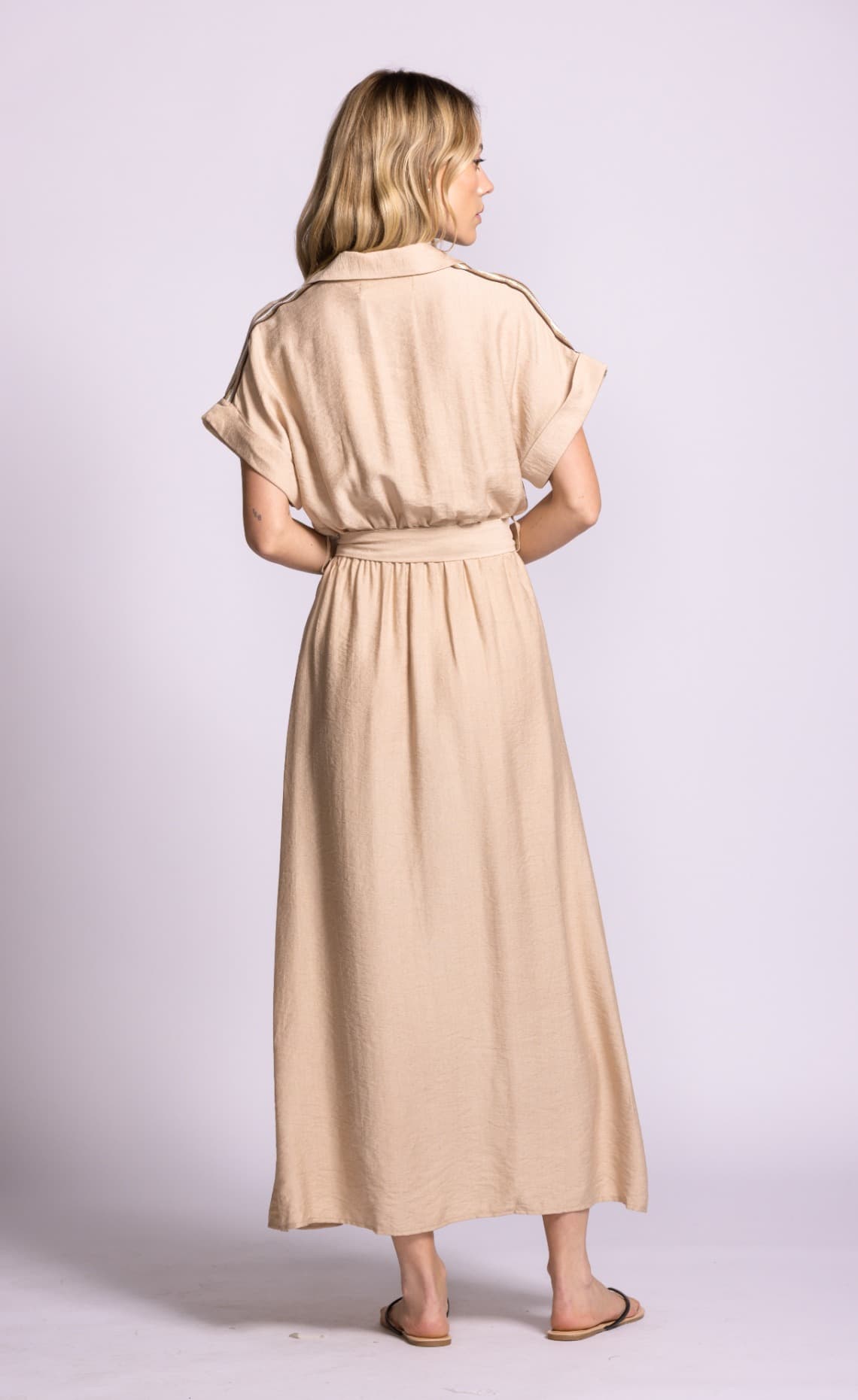 Pink Martini Denny dress sand button front midi back view Lemonberry Aurora