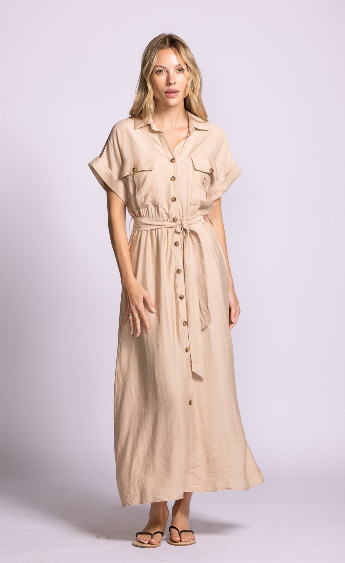Pink Martini Denny dress sand button front midi front view Lemonberry Aurora