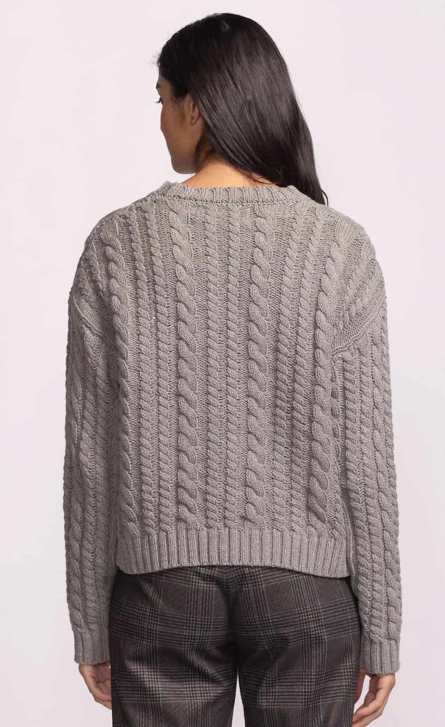 Pink Martini Diane grey cable knit sweater, back view with classic cable texture at Lemonberry Aurora