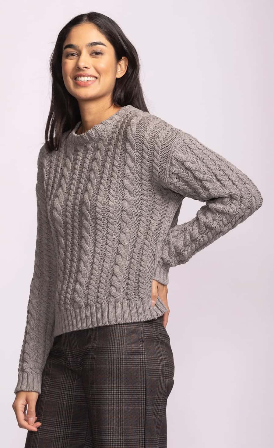 Pink Martini Diane grey cable knit sweater with relaxed fit, side view showing textured knit at Lemonberry Aurora