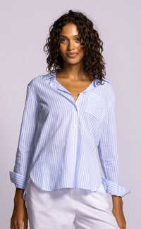 Pink Martini Dorit Top blue striped cotton blouse angled model view Lemonberry Aurora