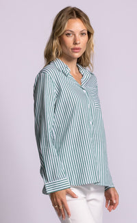 Pink Martini Dorit Top green striped cotton shirt angled model view Lemonberry Aurora