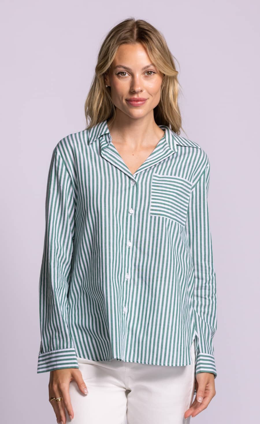 Pink Martini Dorit Top green striped button up blouse model view Lemonberry Aurora