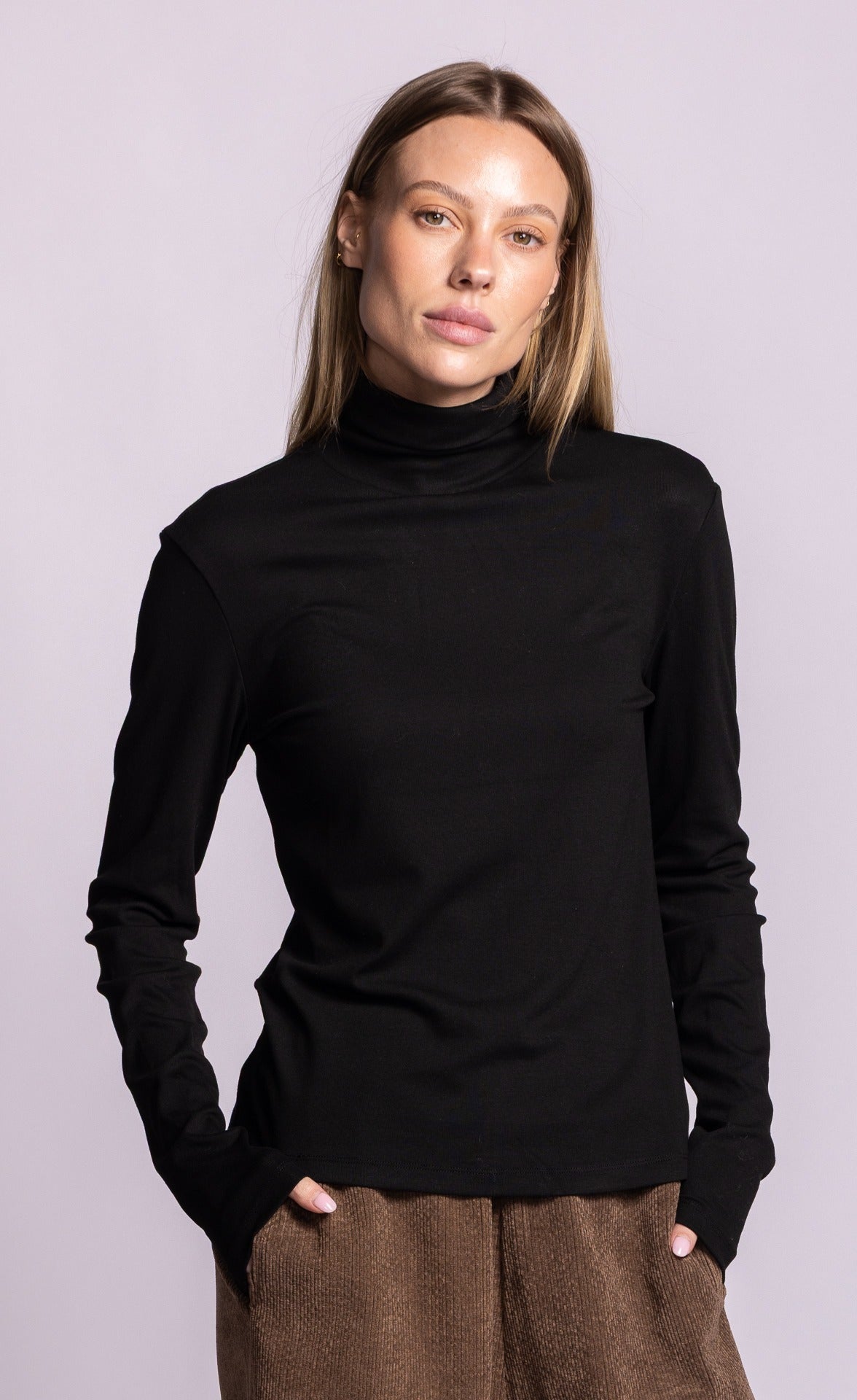 Pink Martini Dottie long-sleeve turtleneck in black front view