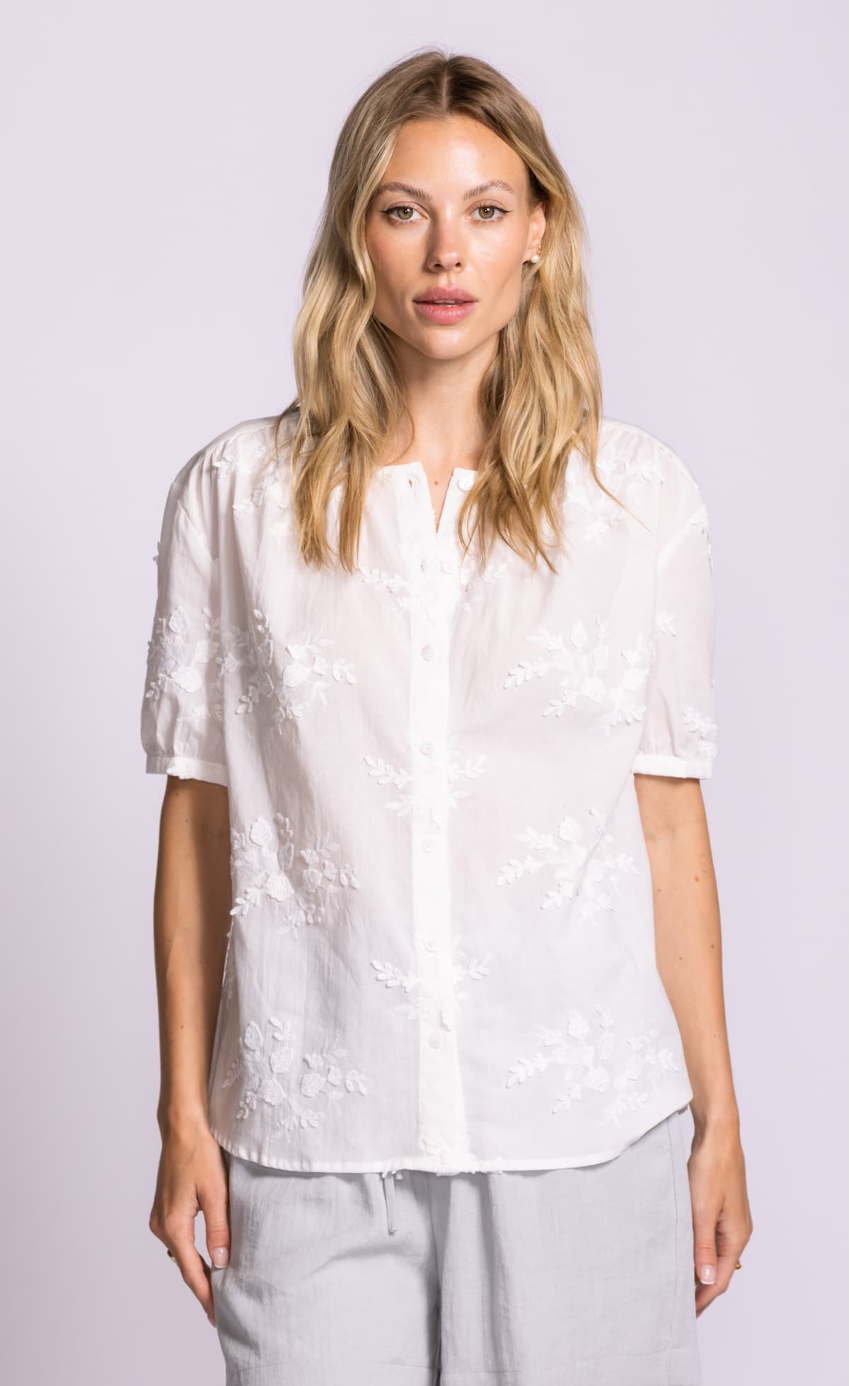 Pink Martini Elena white embroidered blouse model view Lemonberry Aurora