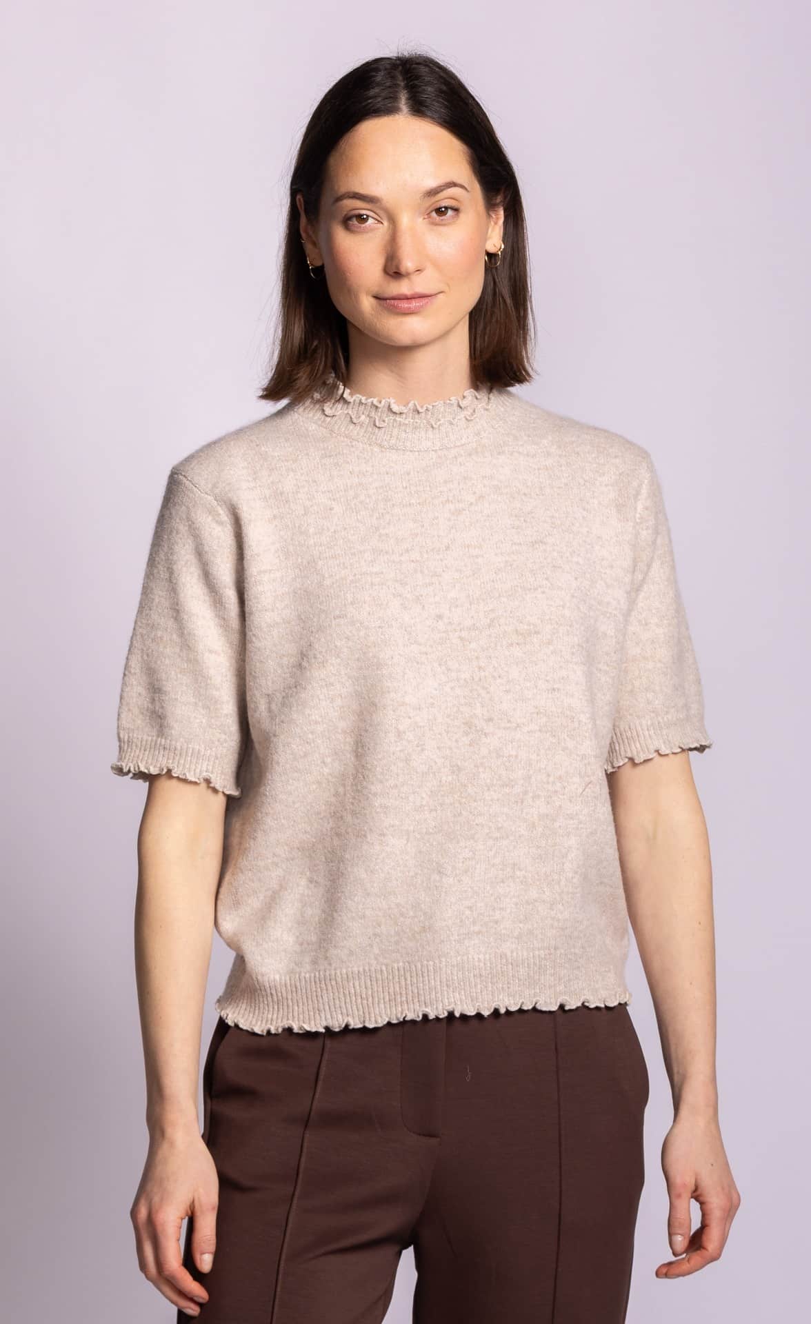 Pink Martini Elyse beige ruffle trim knit top front view Lemonberry Aurora