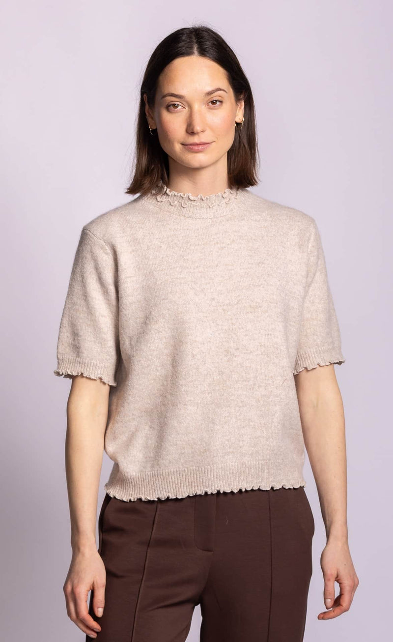 Pink Martini Elyse beige ruffle trim knit top front view Lemonberry Aurora