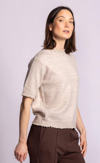 Pink Martini Elyse beige ruffle trim knit top side view Lemonberry Aurora