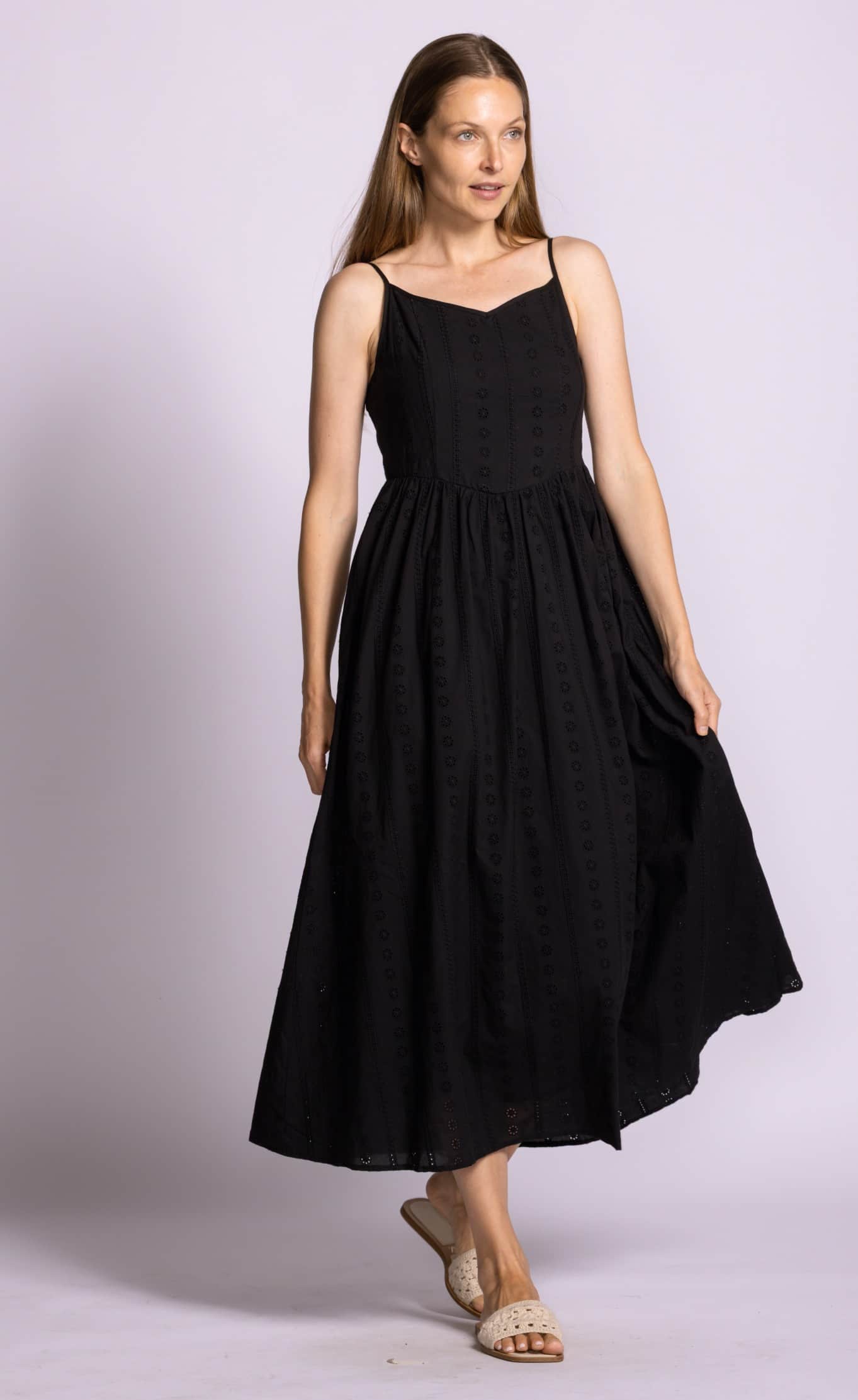 Pink Martini Farmdale Dress black eyelet midi angled-front view Lemonberry Aurora