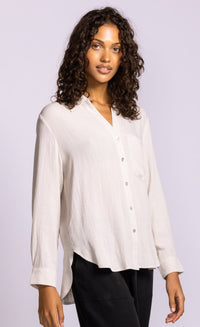 Pink Martini Francis white viscose linen button front shirt detail Lemonberry Aurora
