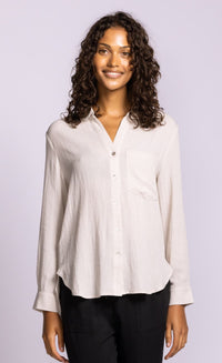 Pink Martini Francis white button front shirt front view Lemonberry Aurora
