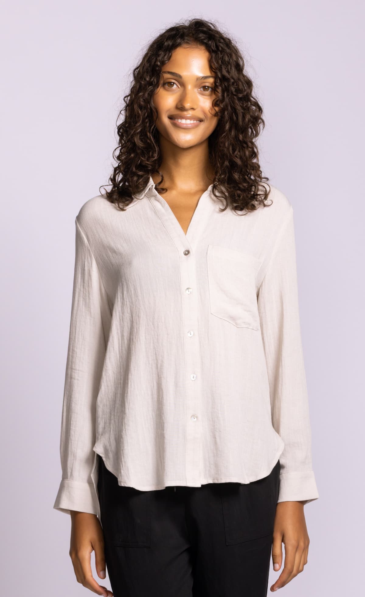 Pink Martini Francis white button front shirt front view Lemonberry Aurora