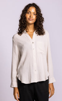 Pink Martini Francis white viscose linen shirt model view Lemonberry Aurora