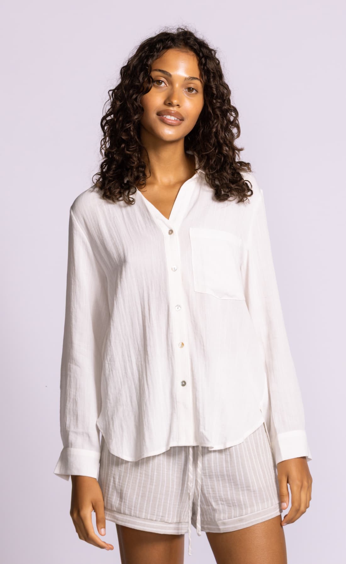 Pink Martini Francis white button front shirt front view