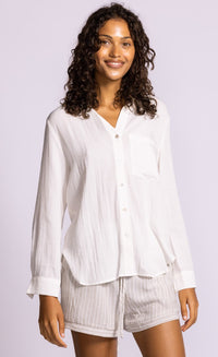 Pink Martini Francis white button front shirt model front view