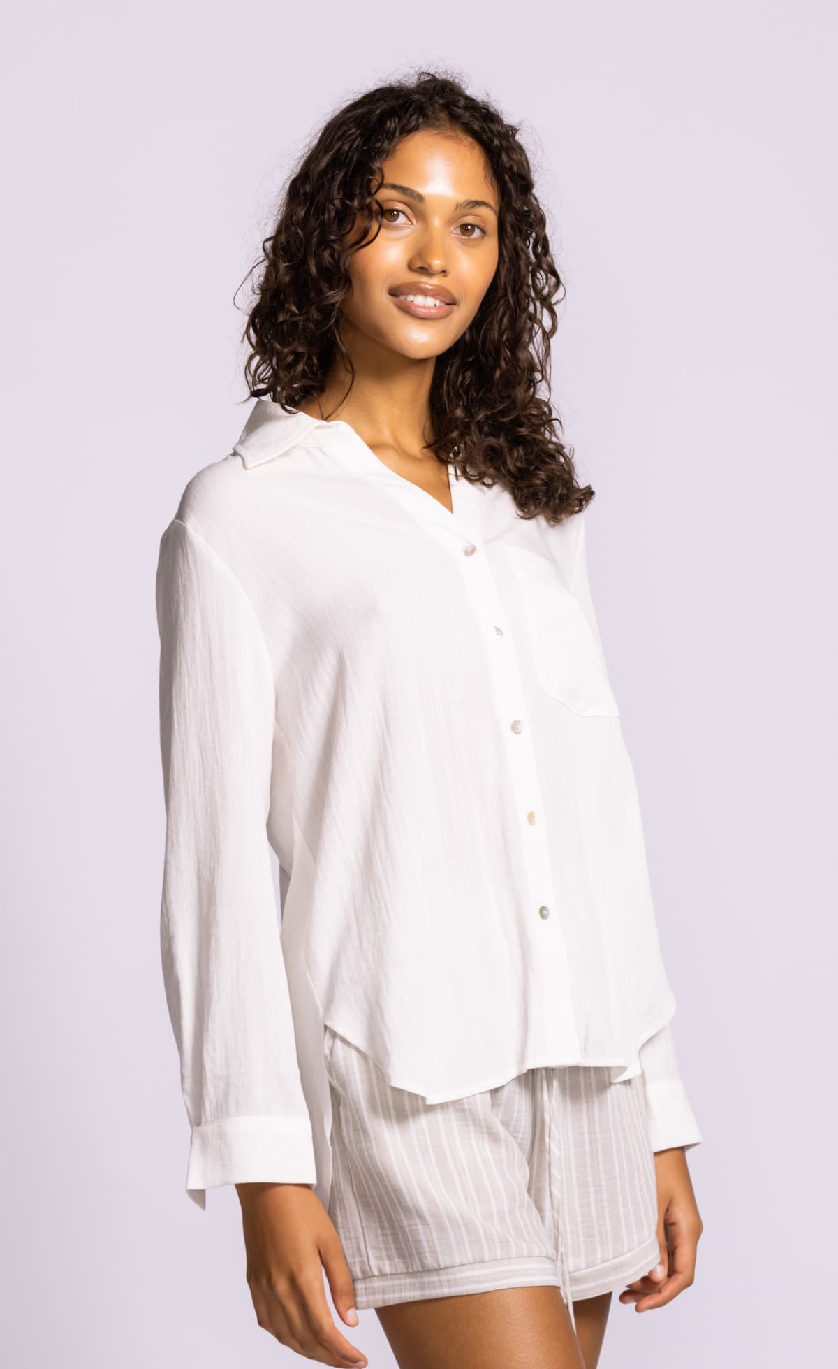Pink Martini Francis white button front shirt model view